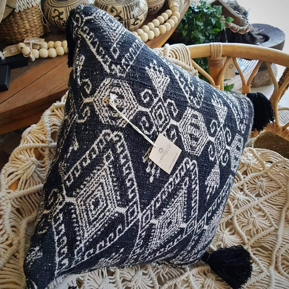 Tribal Pattern Raw Cotton Cushion With Tassels - Canggu & Co