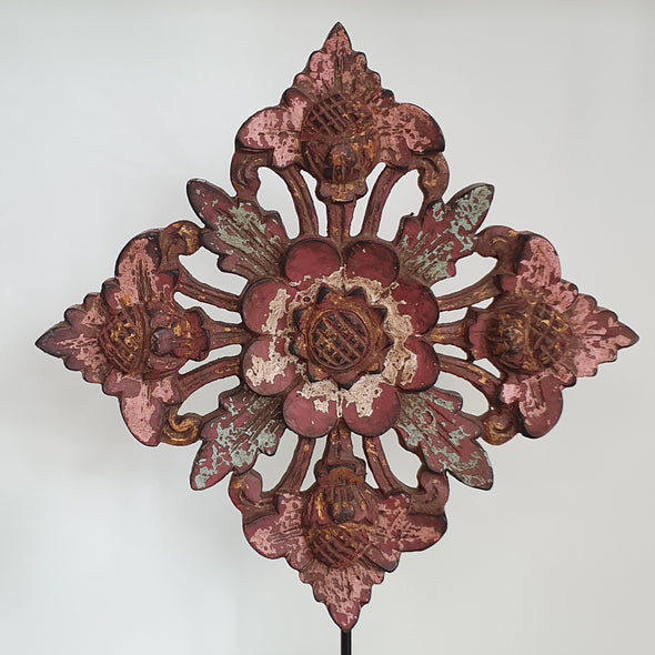 Antique Wooden Carved Flower Emblem On Stand - Canggu & Co