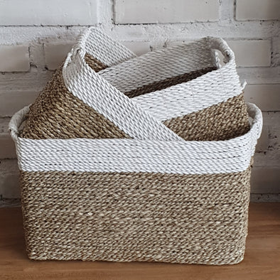 Set of 3 Rectangle Nat White Basket (W)