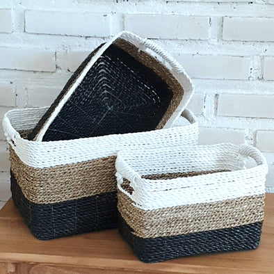 Set of 3 Rectangle Black & Nat White Basket (W)