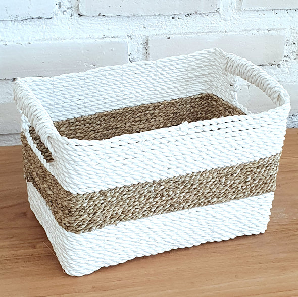 Set of 3 Rectangle White & Nat Basket (W)