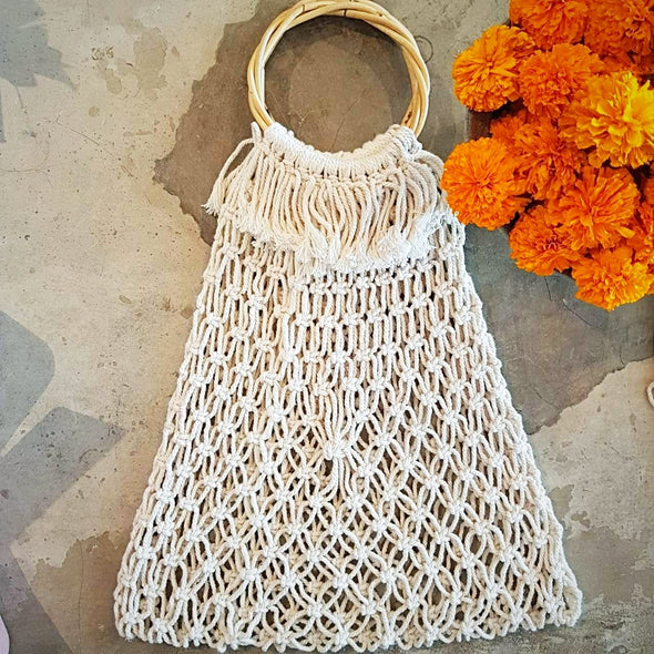 Natural Woven Cotton Macrame Bag With Bamboo Handles - Canggu & Co