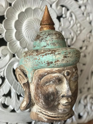 Antique Gold & Green Wooden Buddha Head - Canggu & Co