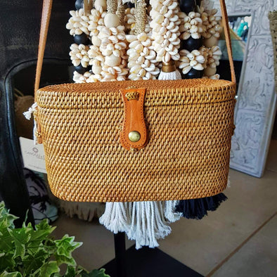 Woven Natural Rattan Cylinder Shaped Bag With Leather Strap - Canggu & Co
