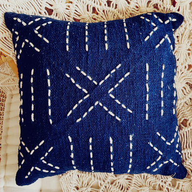 White Stitch Navy Blue Raw Cotton Cushion - Canggu & Co