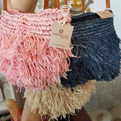 Woven Straw Shoulder Bag In Pink, Black Or Natural With Leather Strap - Canggu & Co