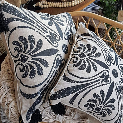 Black Printed Motif On Cotton Linen Cushion With Tassels - Canggu & Co
