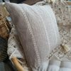White Line Stitch Motif Grey Raw Cotton Cushion With Tassels - Canggu & Co