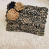 Black & Brown Woven Straw Grass Fold Clutch With Pom Poms - Canggu & Co