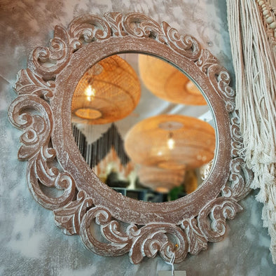 Round Ornate Carved Wooden Wall Mirror - Canggu & Co