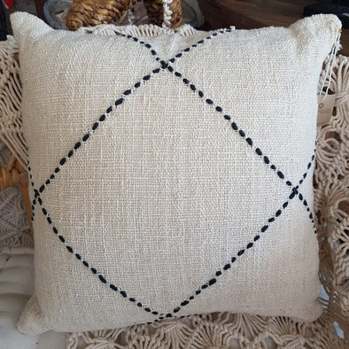 Black Stitch Diamond Pattern White Raw Cotton Cushion - Canggu & Co