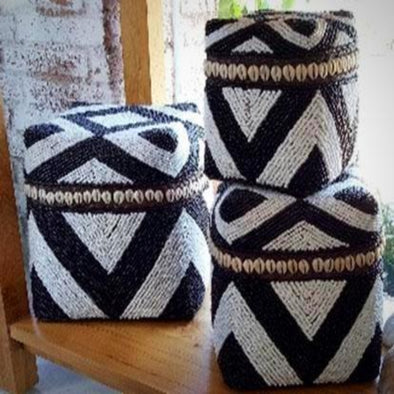 Black & White Zebra Pattern Bead & Bamboo Box Set With Shells - Canggu & Co