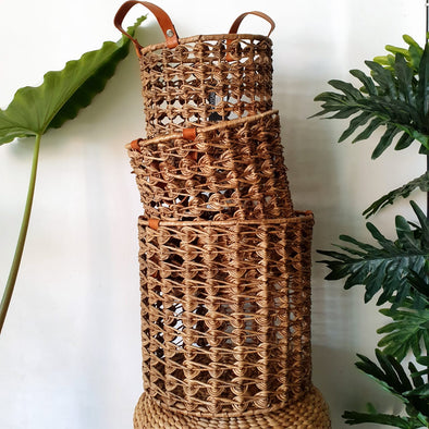 Set 3 Woven Water Hyacinth Basket Set With Leather Handles