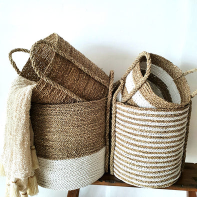 Set 4 Natural Straw Grass & White Raffia Basket