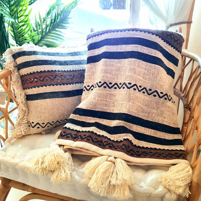Tribal Pattern Raw Cotton Throw with Black or Natural Tassels