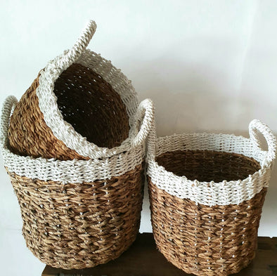 Set 3 Raffia & Water Hyacinth Two Tone Basket