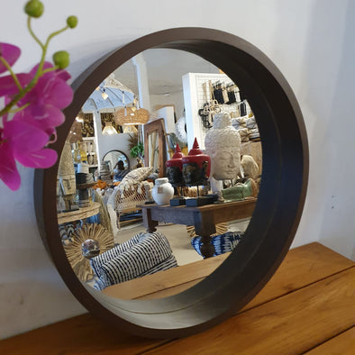 Brown Round Wooden Wall Mirror Set