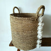 Set 3 Natural Straw Grass With White Pompoms Basket Set