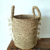 Set 3 Natural Straw Grass With White Pompoms Basket Set