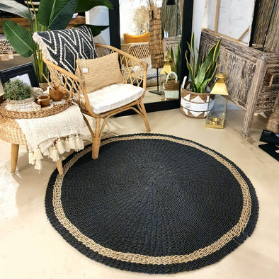 Round Black Raffia & Natural Straw Grass Floor Mats