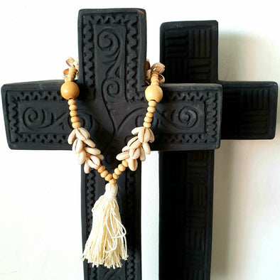 Black Carved Wooden Cross On Stand
