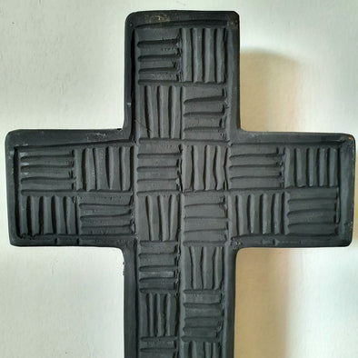 Black Carved Wooden Cross On Stand