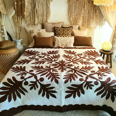 White & Brown Bed Cover With Stitched Tropical Leaf Motif