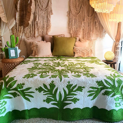 Jungle Green & White Bed Cover With Stitched Leaf Motif