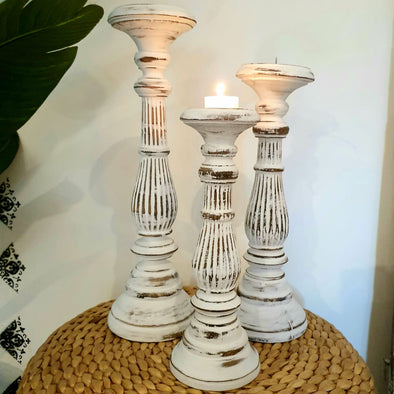 Wooden Arabic Style Whitewash Candleholders (Small Set of 3)