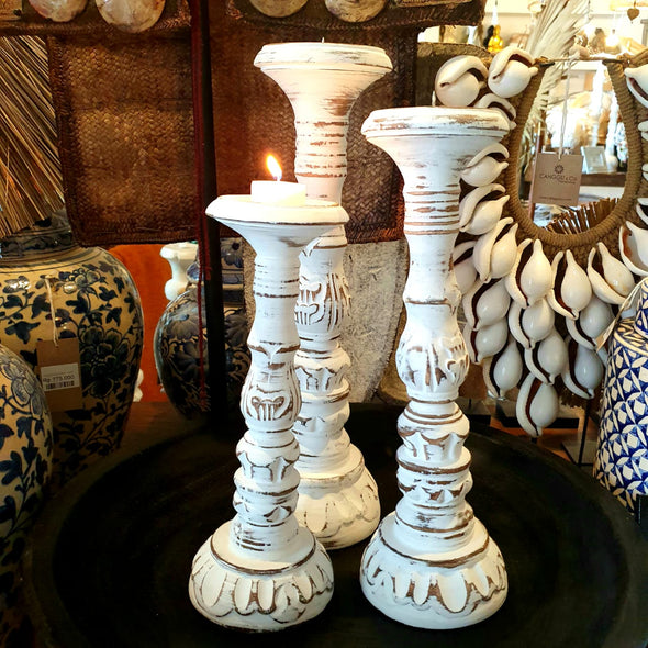 Carved Pillar Wooden Candle Holder22 (Small Set 3)