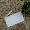 White Stripe Pattern Woven Beaded Clutch With Strap
