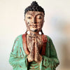 Antique Blue & Red Carved Praying Wooden Buddha