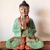 Antique Blue & Red Carved Praying Wooden Buddha