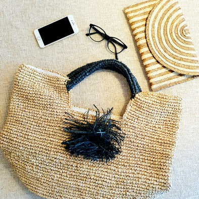 Natural Woven Straw Grass Bag with Black Handles