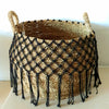 Straw Grass Barrel Basket With Black Macrame