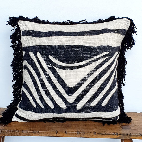 Black Tribal Motif Cushions With Black Fringe