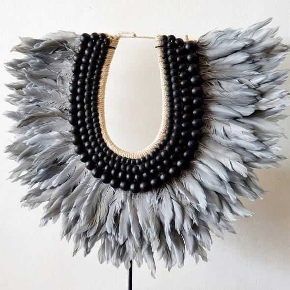 Grey Feather And Black Wooden Beads Necklace