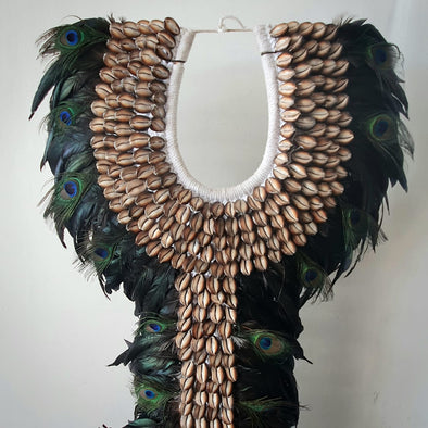Long Peacock Feather And Cowrie Shell Tribal Pendant