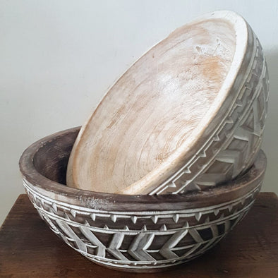 Large Carved Ethnic Pattern Wooden Bowl