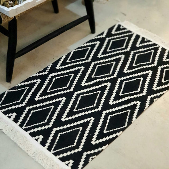 Black Diamond Cotton Floor Mat with Fringe