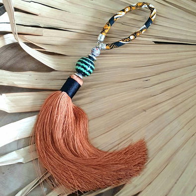 Long Brown Tassel With Black And Green Stone Bead