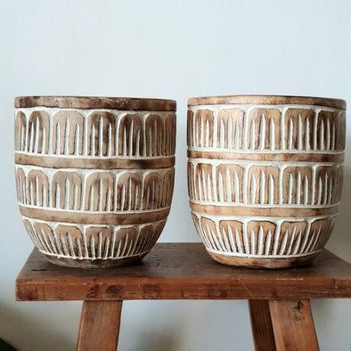 Carved Tribal Pattern Wooden Pot