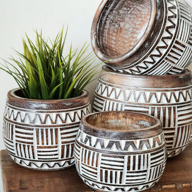 Carved Tribal Line Pattern Wooden Bowl Set