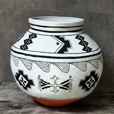 Large Black And White Ethnic Pattern Terracotta Pot