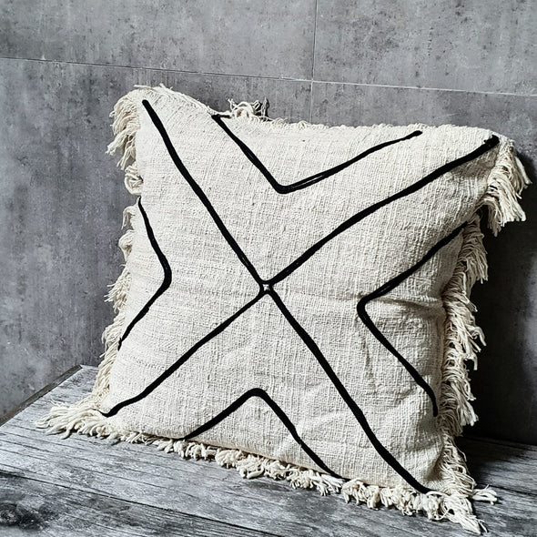 Black Cross Pattern Motif Cushion With Fringe