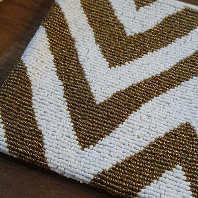Gold & White Woven Beaded Clutch With Strap