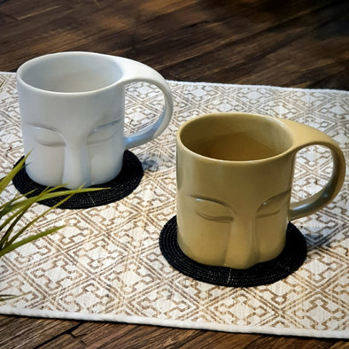 Buddha Face Pattern Ceramic Drinking Mug with Coaser