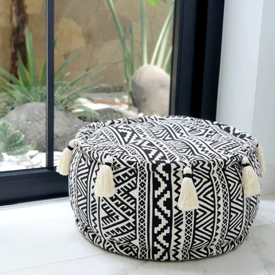 Round Small Tribal Motif Pouffs With Tassels