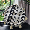 Round Small Black & White Simple Motif Pouff With Tassels