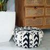 Round Small Black & White Simple Motif Pouff With Tassels